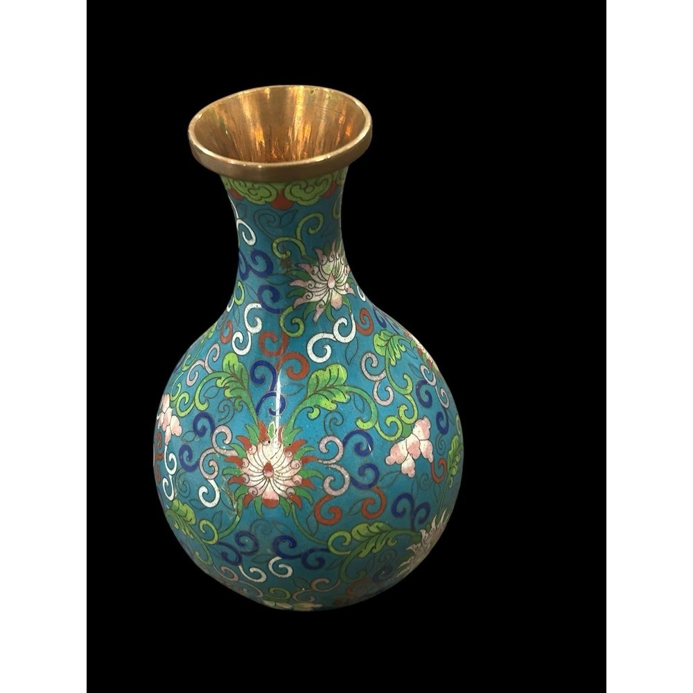 Vintage Chinese Cloisonné Vase 8" Blue Flowers Brass Enamel Design - Picture 5 of 10